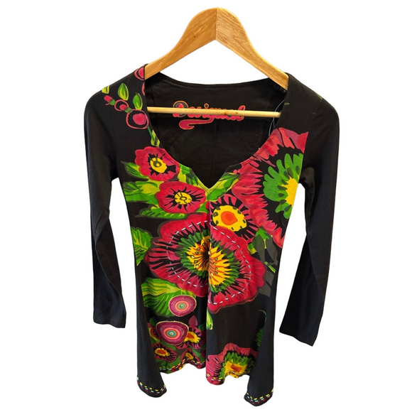 Desigual Tops - DESIGUAL Floral Print Sequin Embroidered Asymmetric Long Sleeve XS Tunic Top NEW